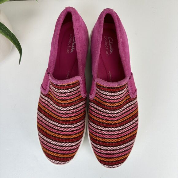 Clarks Collection 10 W Layton Petal Fuchsia Stripe Slip On Sneaker Comfort Shoe - Picture 3 of 9